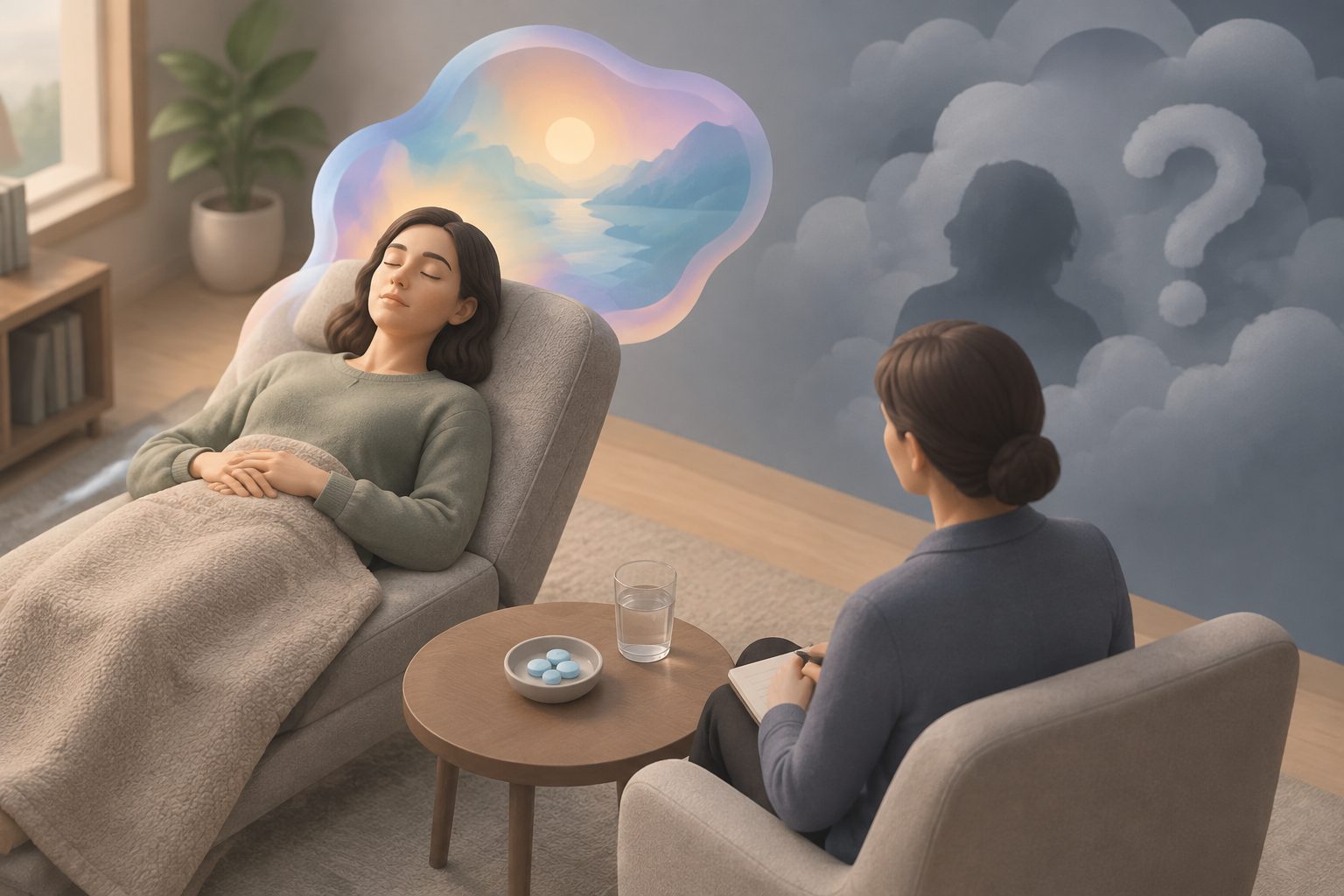 Abstract editorial illustration accompanying the article: MDMA-assisted therapy reduced PTSD symptoms, but the evidence remains uncertain