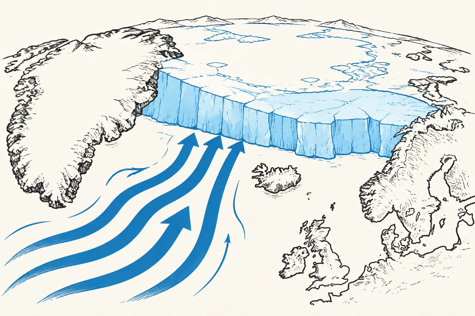 Abstract editorial illustration accompanying the article: Past ice ages sometimes cut the Arctic off from the Atlantic
