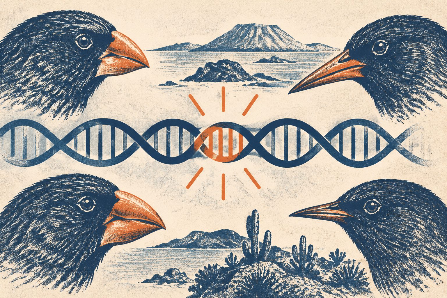 Abstract editorial illustration accompanying the article: A single stretch of DNA helped Galápagos finches evolve different beaks