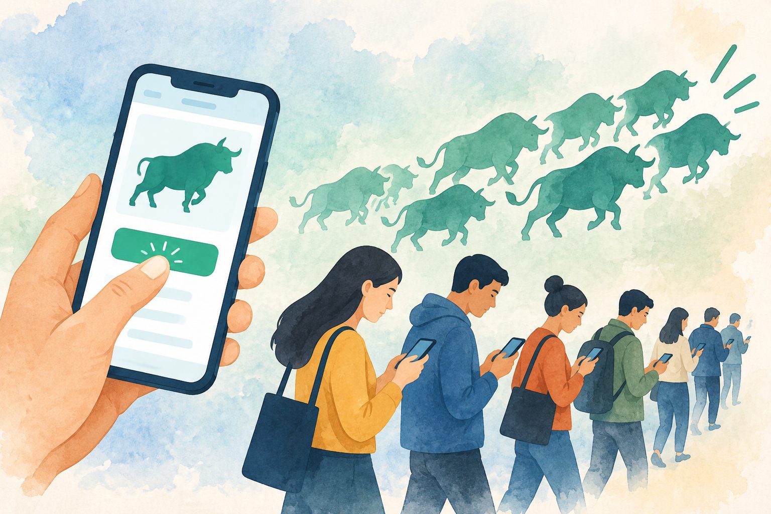 Abstract editorial illustration accompanying the article: Digital investing tools may push retail investors toward frequent, herd-like trading