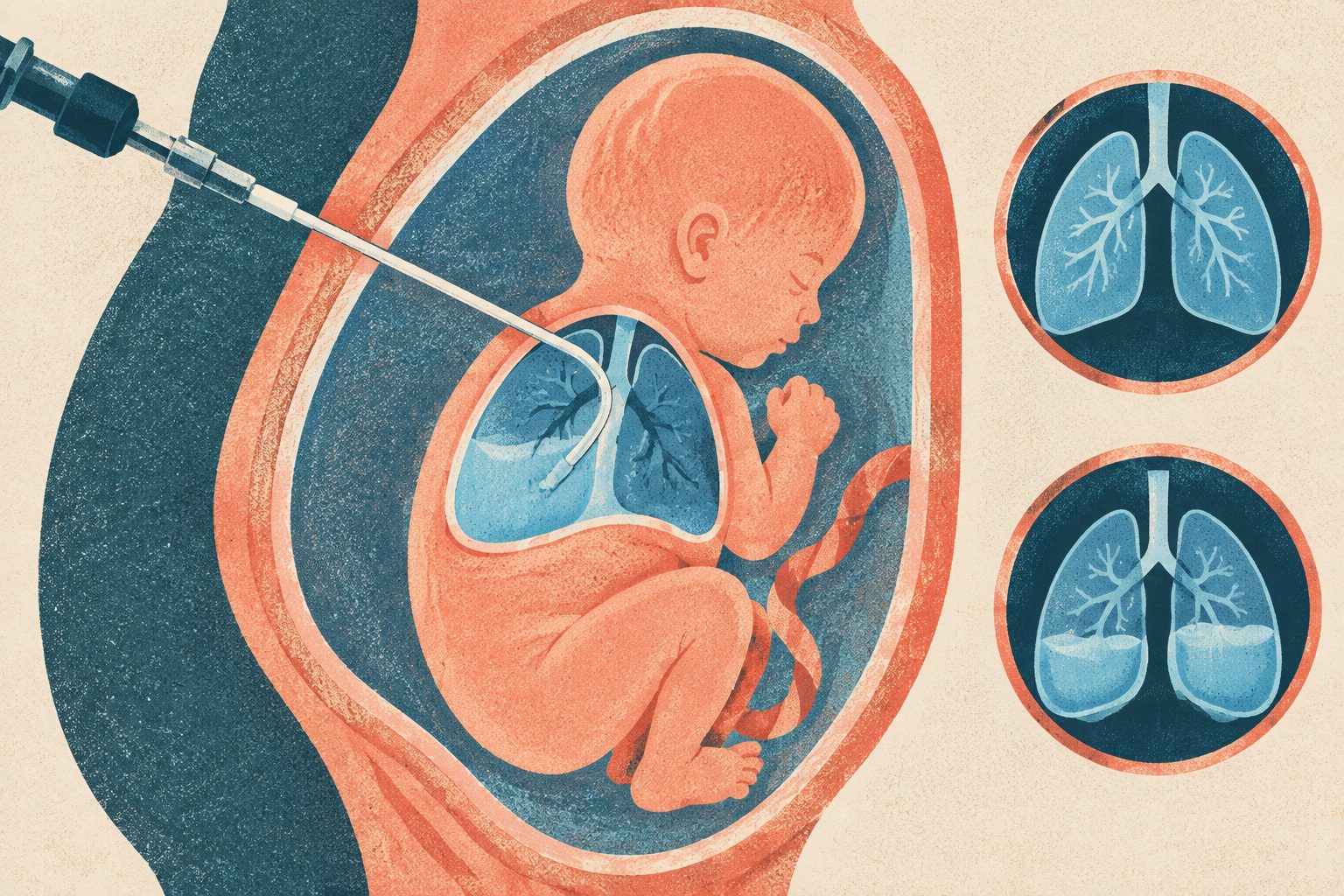Abstract editorial illustration accompanying the article: Review finds mixed outcomes after fetal shunting for fluid around the lungs