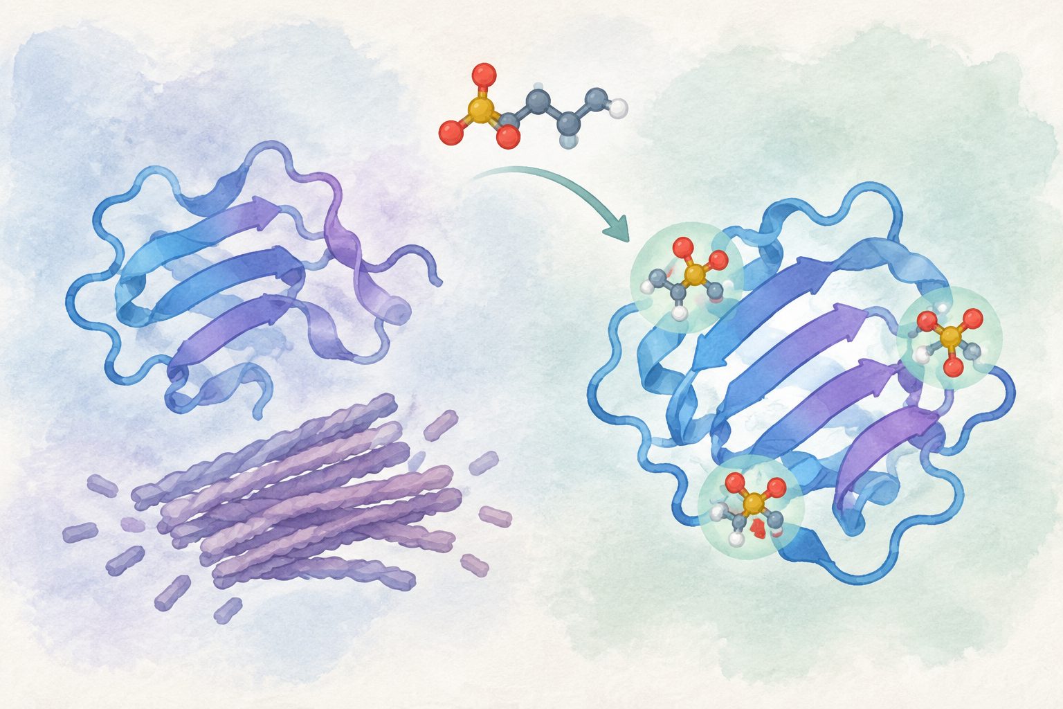 Abstract editorial illustration accompanying the article: Taurine helped steady a protein linked to amyloidosis in lab tests