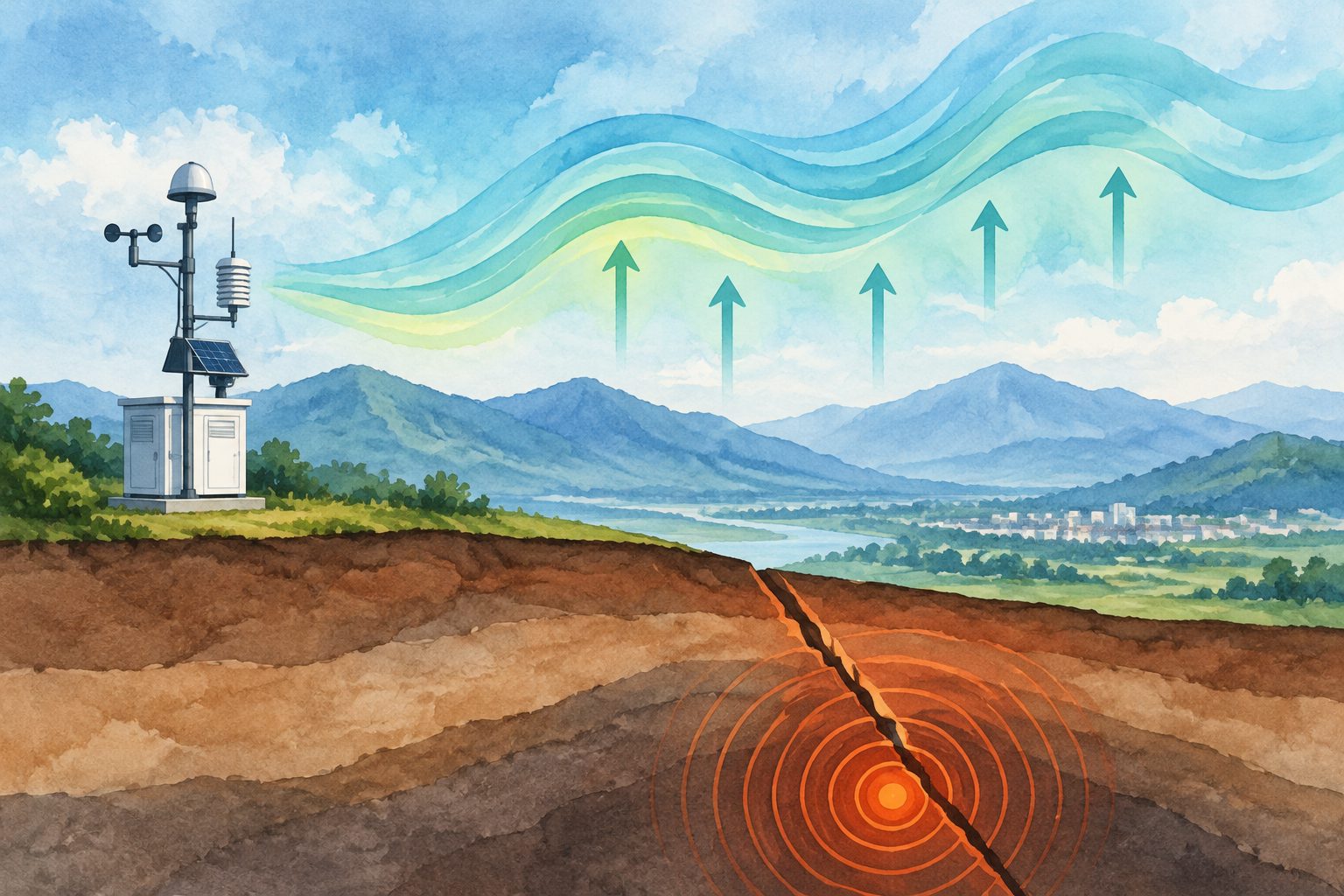 Abstract editorial illustration accompanying the article: Atmospheric signals preceded major earthquakes in a China study