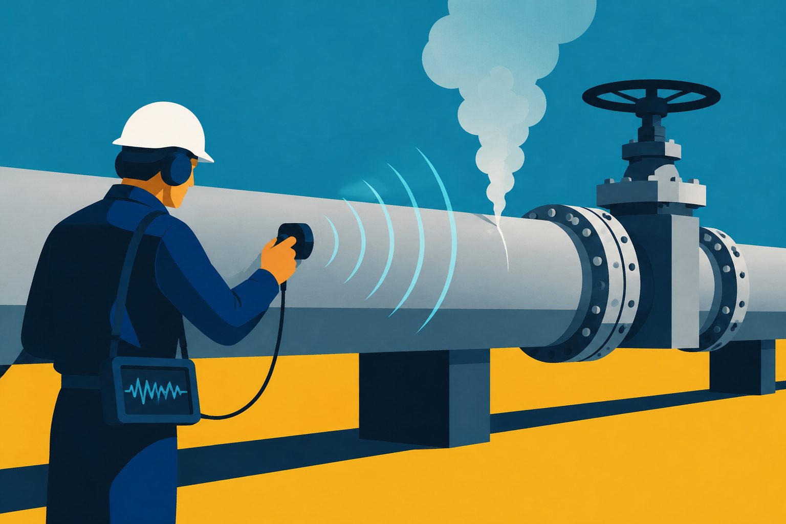Abstract editorial illustration accompanying the article: Sound sensors detected leaks in carbon-dioxide pipelines and valves