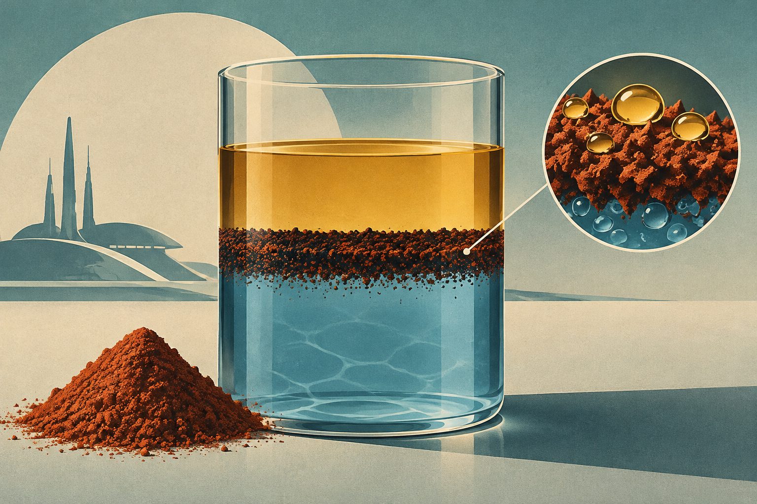Abstract editorial illustration accompanying the article: Copper oxide powder separates oil from water without organic coatings
