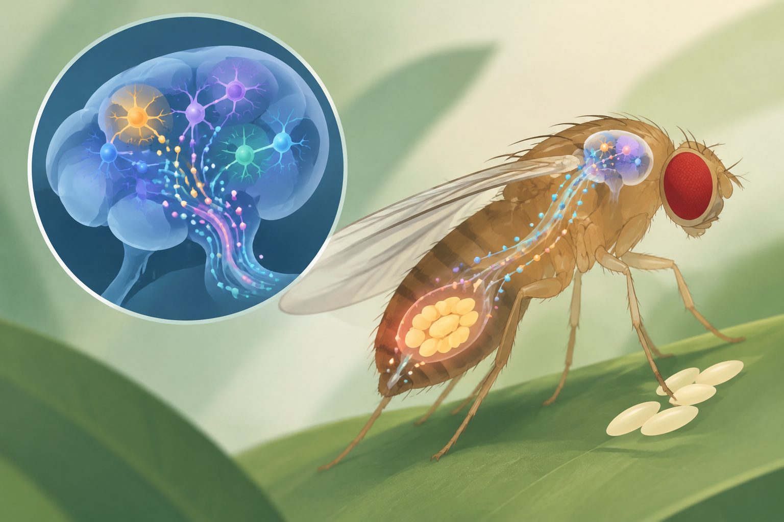 Abstract editorial illustration accompanying the article: A map of fruit-fly hormone networks links brain cells to egg-laying