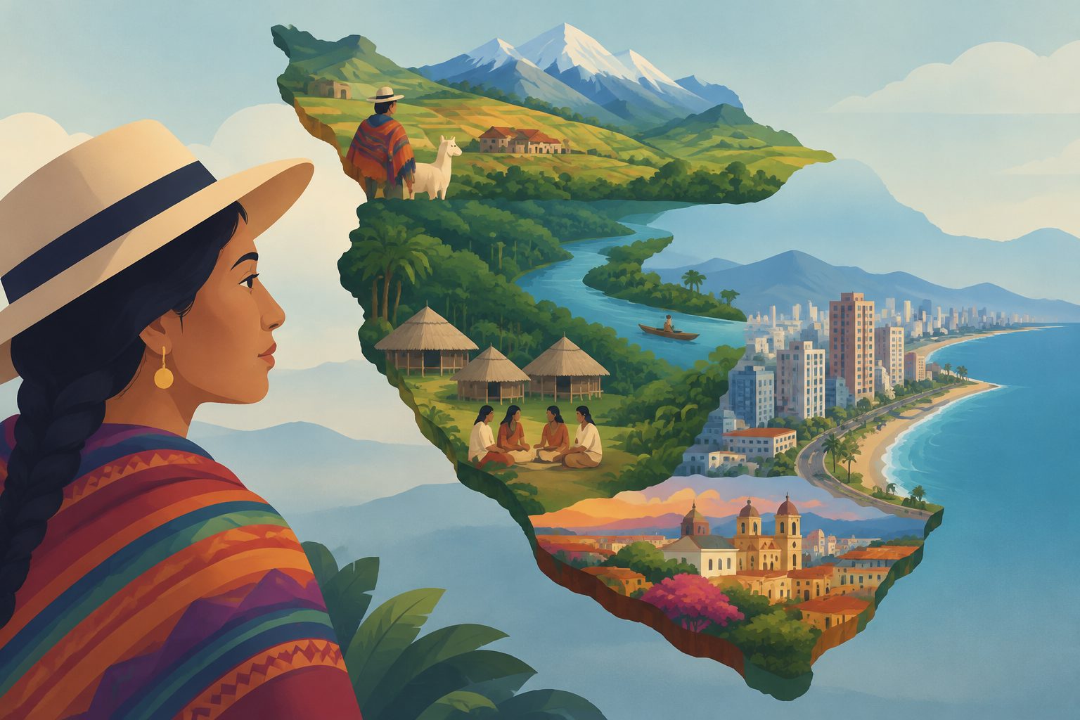 Abstract editorial illustration accompanying the article: In Latin America, territory can hold many worlds at once