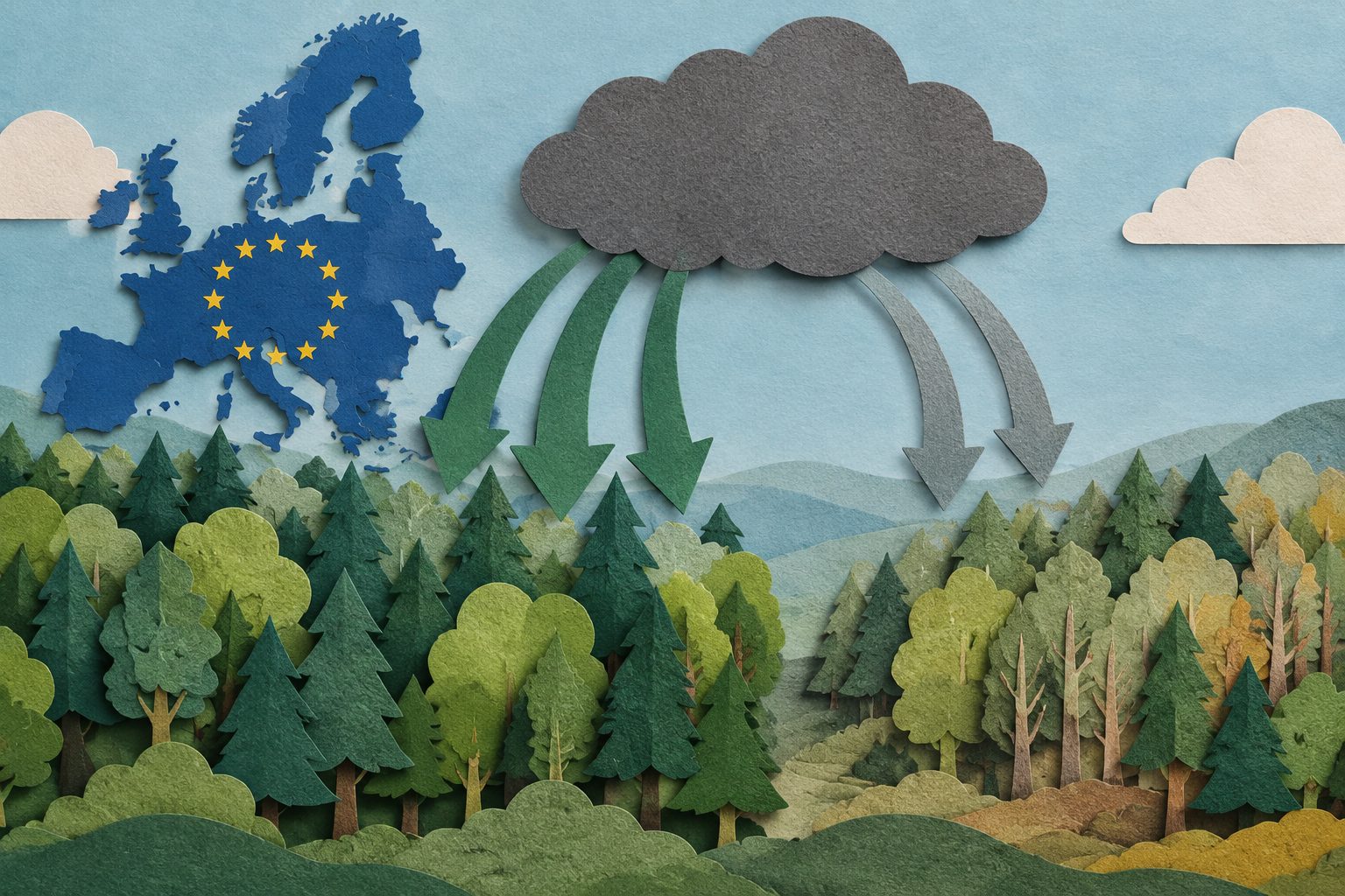 Abstract editorial illustration accompanying the article: EU land is absorbing less carbon than climate plans expect