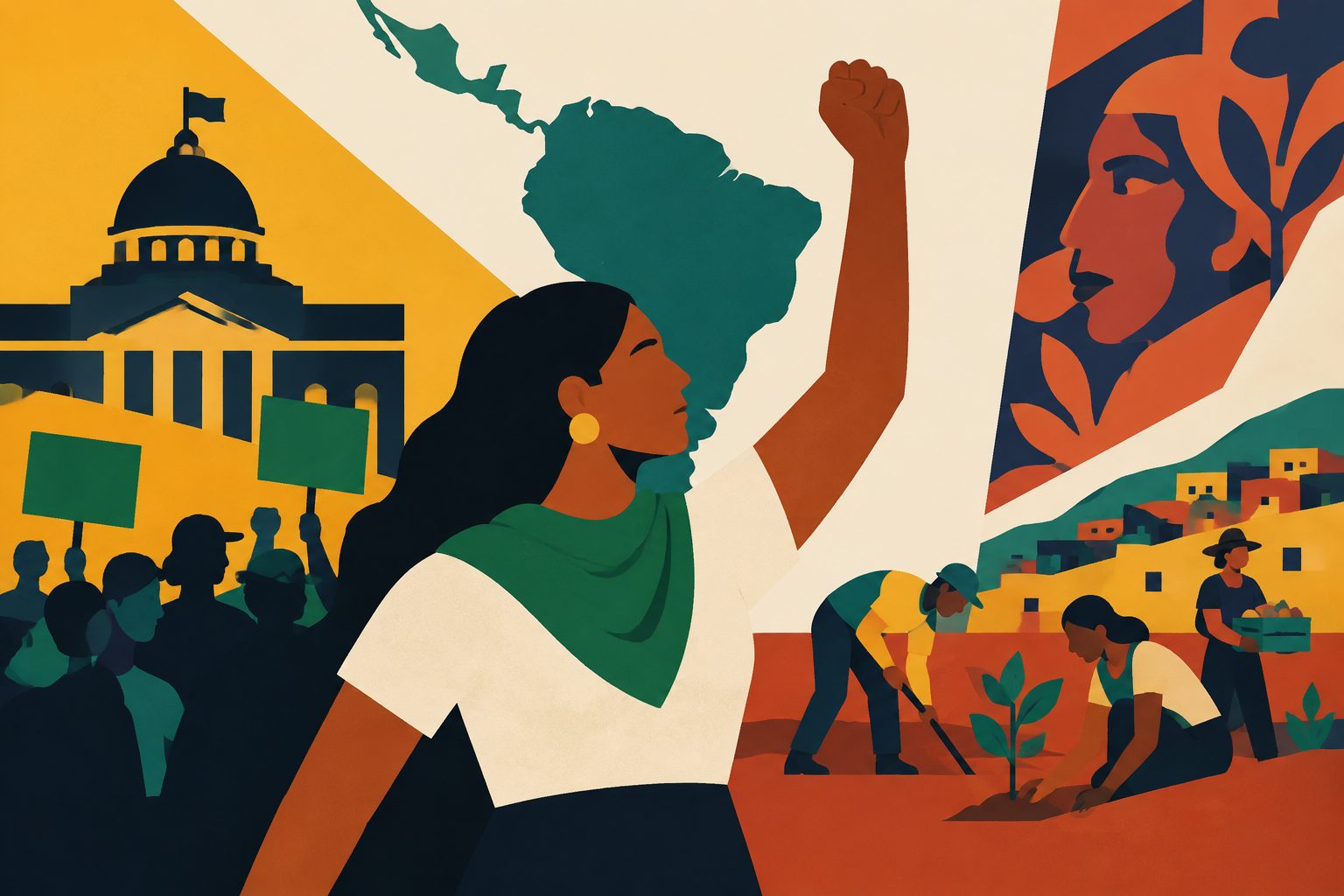 Abstract editorial illustration accompanying the article: Latin American activism unfolds across political, symbolic and material spaces