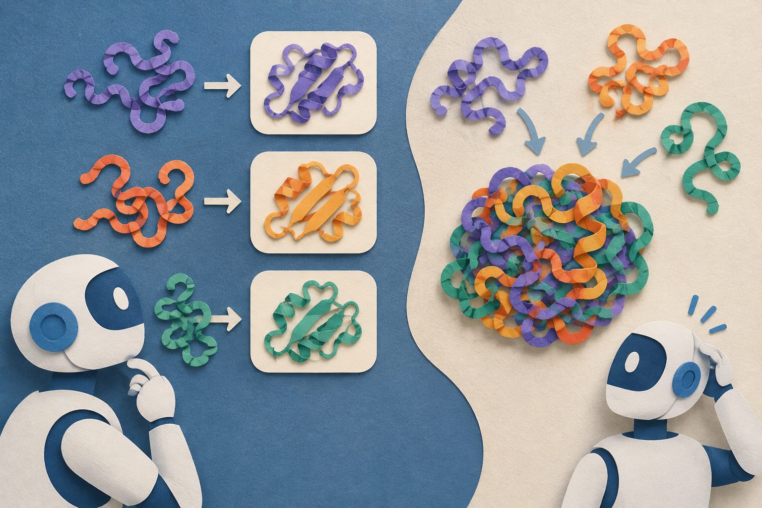 Abstract editorial illustration accompanying the article: AI predicts shapeless proteins well—until they join together