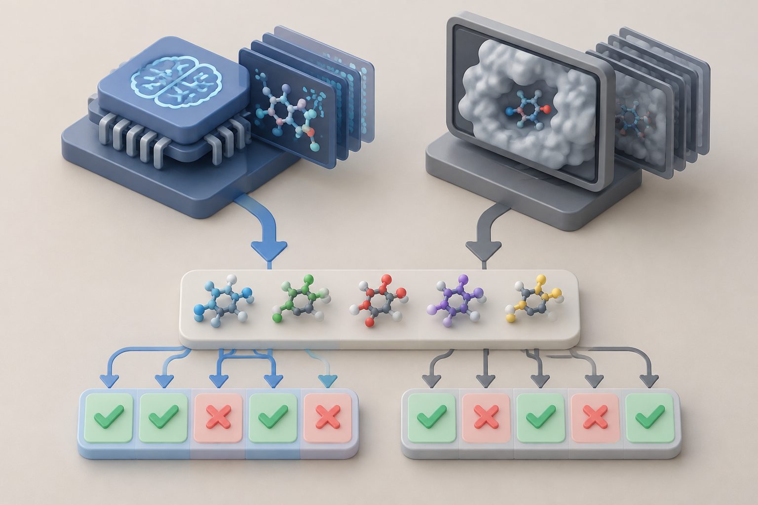 Abstract editorial illustration accompanying the article: AI and docking agreed in some drug screens, but not all