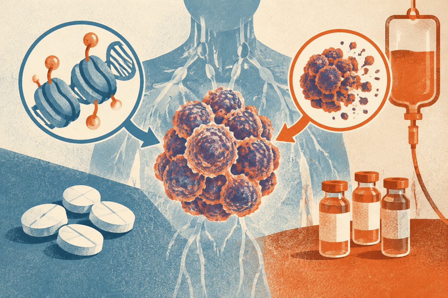 Abstract editorial illustration accompanying the article: Review compares epigenetic drugs with chemotherapy in relapsed T-cell lymphoma