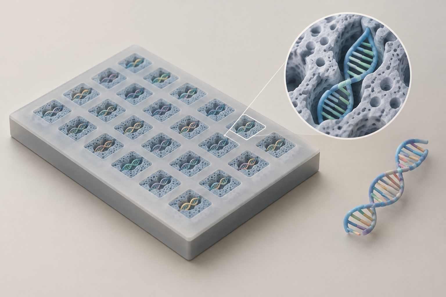 Abstract editorial illustration accompanying the article: A porous silica chip stores digital information in 121-letter DNA strands