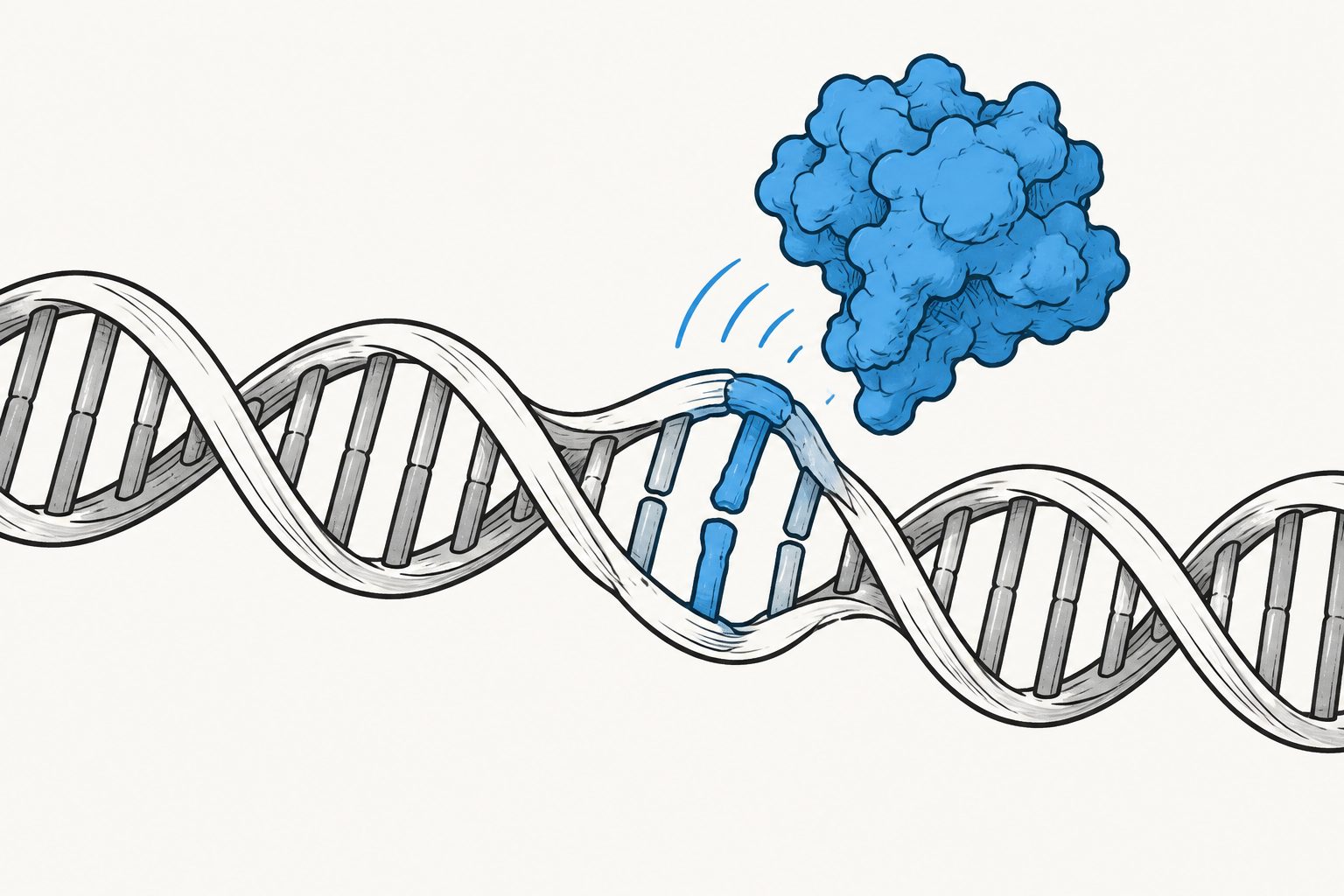 Abstract editorial illustration accompanying the article: DNA damage changes nearby DNA’s shape, which may help repair proteins find it