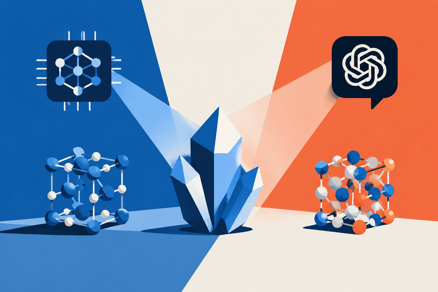 Abstract editorial illustration accompanying the article: For crystal properties, specialized AI outperforms giant language models