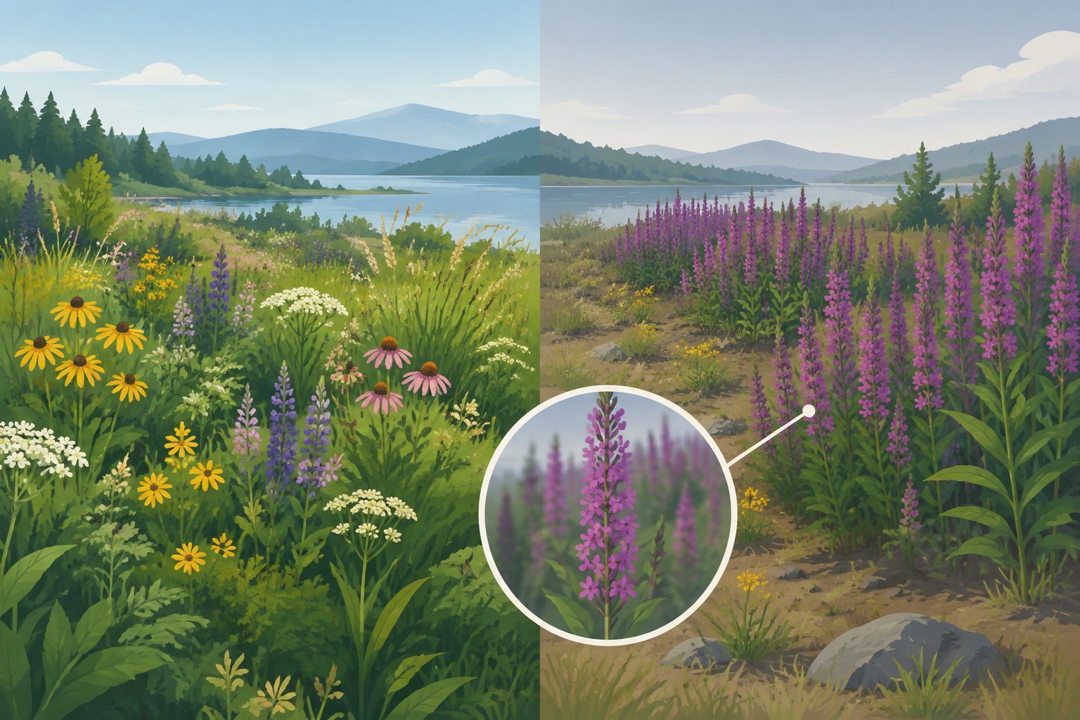 Abstract editorial illustration accompanying the article: Plant invasions linked to less stable plant communities from plots to ecosystems