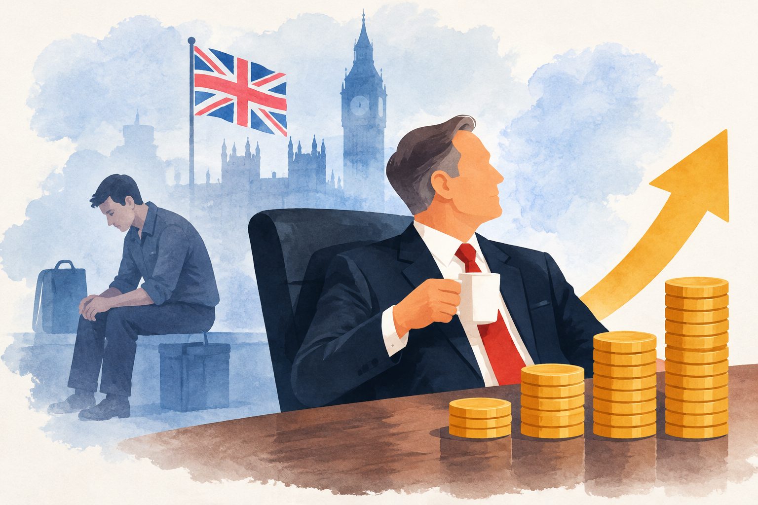 Abstract editorial illustration accompanying the article: Pay for UK company bosses rose after firms used the furlough scheme
