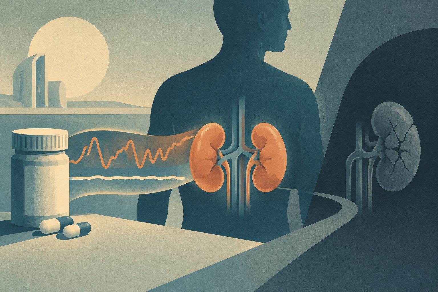 Abstract editorial illustration accompanying the article: Review links higher tacrolimus variability with kidney graft loss