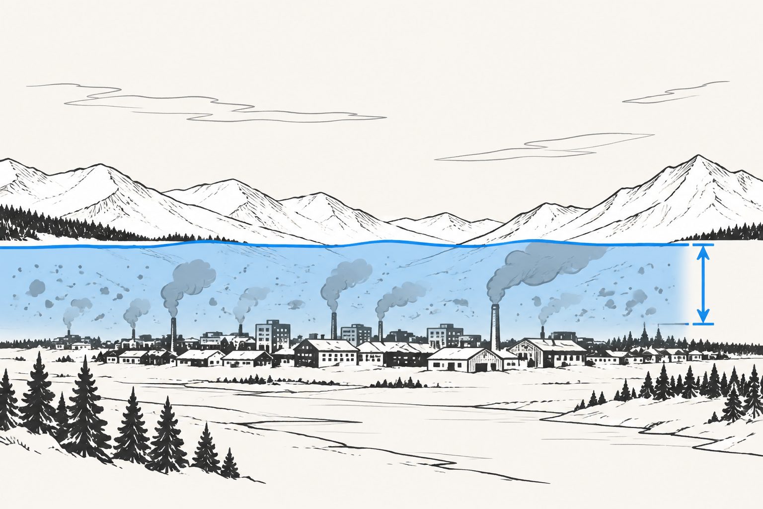 Abstract editorial illustration accompanying the article: In Fairbanks, winter pollution can stay trapped in a layer just 20–40 meters high