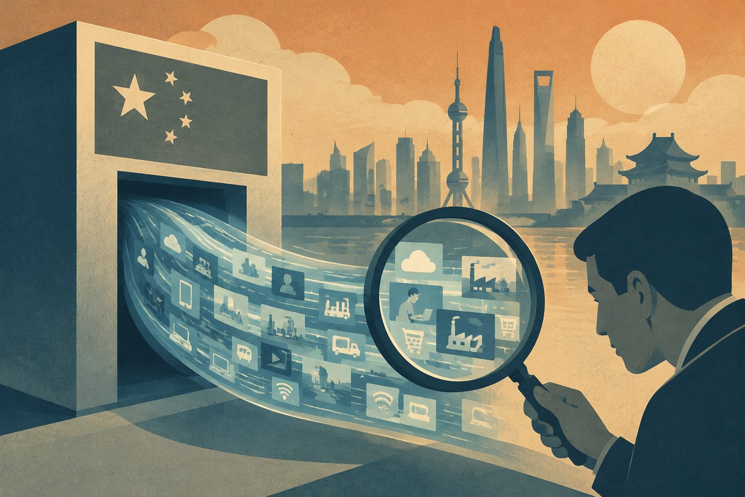 Abstract editorial illustration accompanying the article: China’s measured GDP may miss data’s value, study estimates