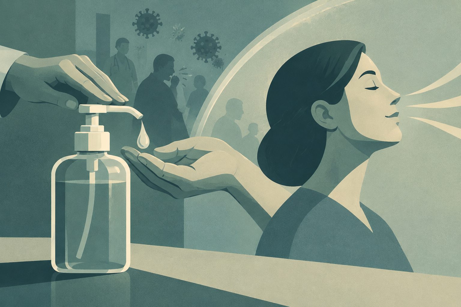 Abstract editorial illustration accompanying the article: Trial suggests one hand sanitizer was linked to fewer respiratory symptoms