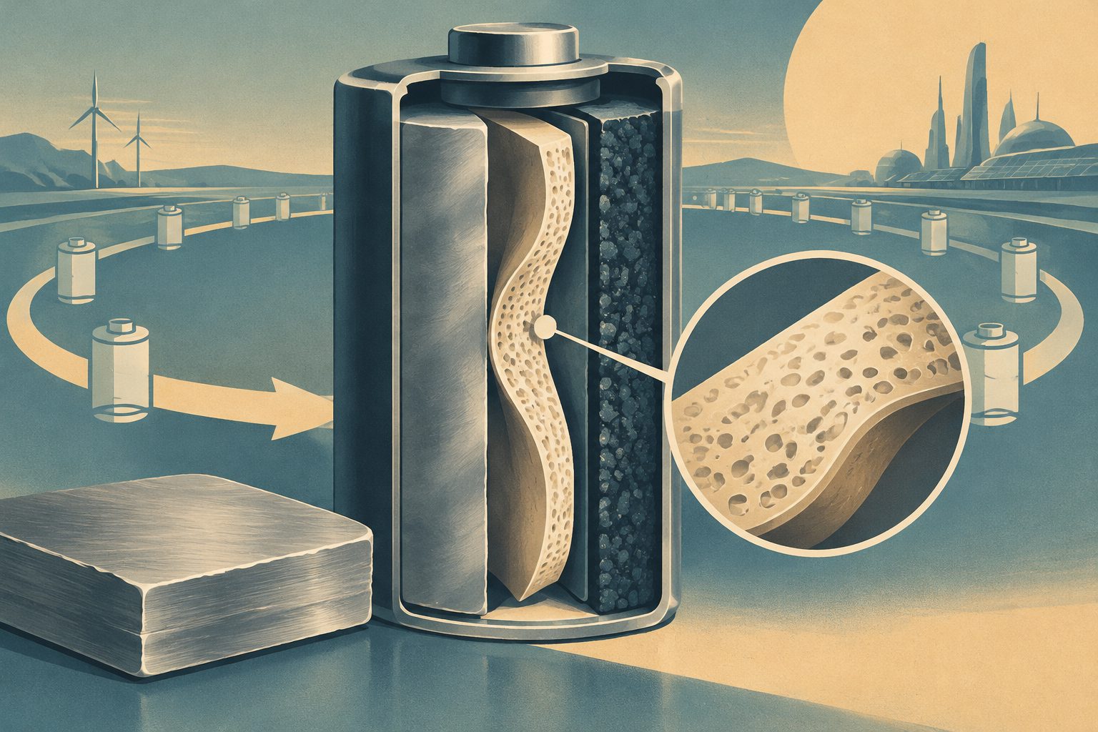 Abstract editorial illustration accompanying the article: A redesigned separator keeps sodium-metal cells cycling for over 4,000 hours