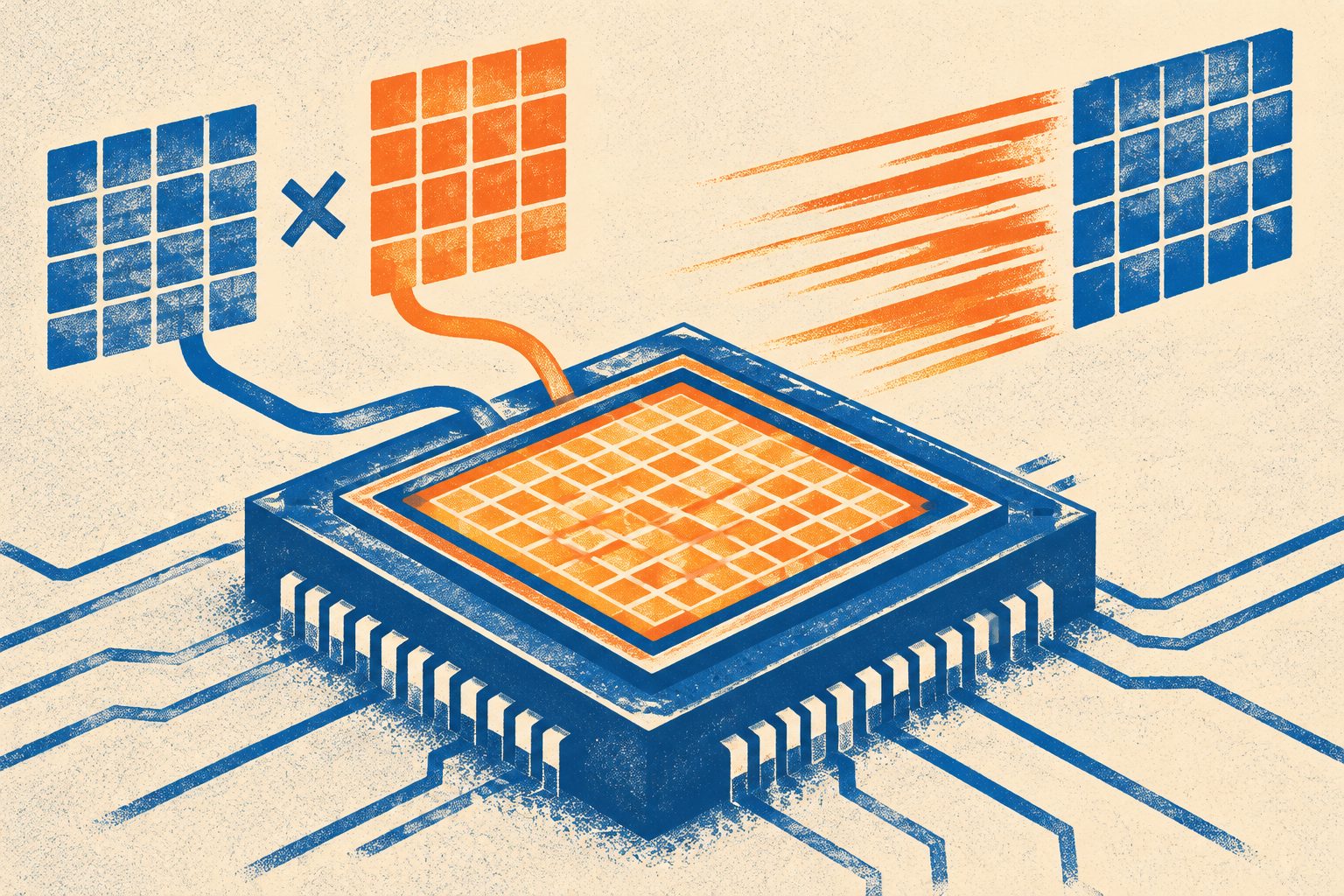 Abstract editorial illustration accompanying the article: Programmable hardware speeds matrix calculations up to 6.3 times