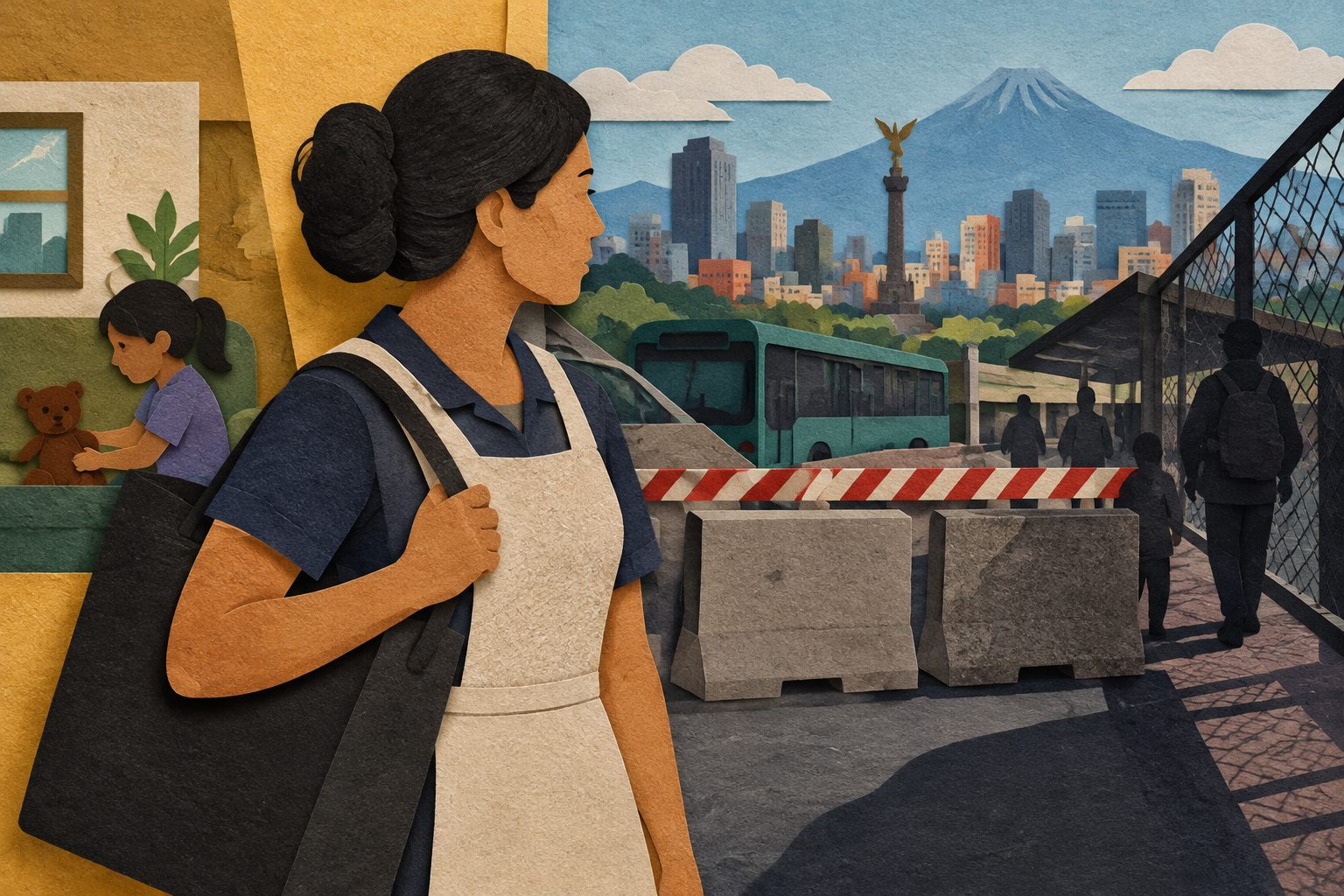 Abstract editorial illustration accompanying the article: Travel barriers and safety fears reshape care for domestic workers near Mexico City