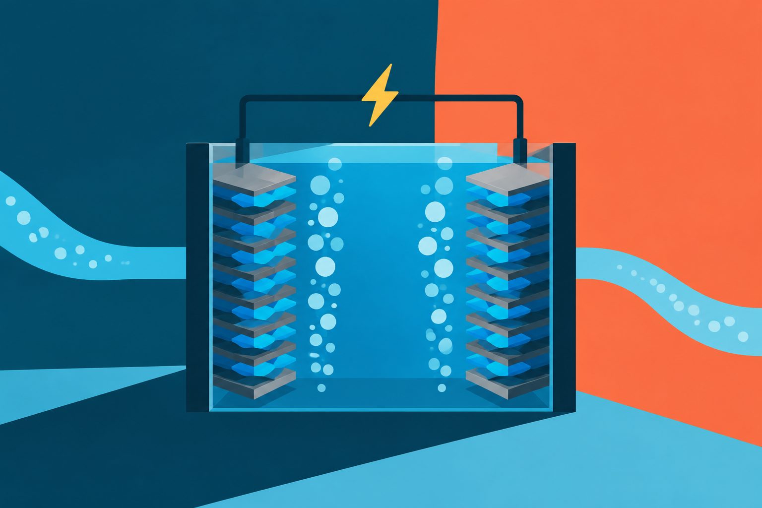 Abstract editorial illustration accompanying the article: Alternating nickel structures sustained high-current electrolysis for 2,200 hours