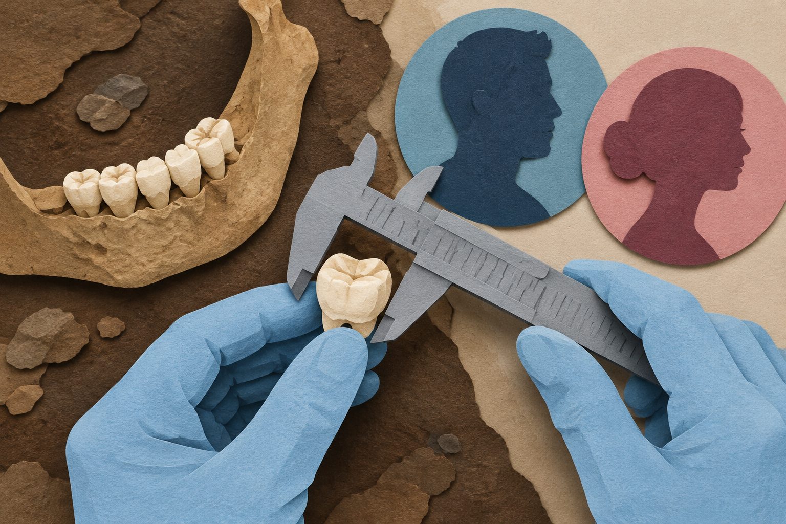 Abstract editorial illustration accompanying the article: Tooth-crown measurements may help estimate sex from limited dental evidence