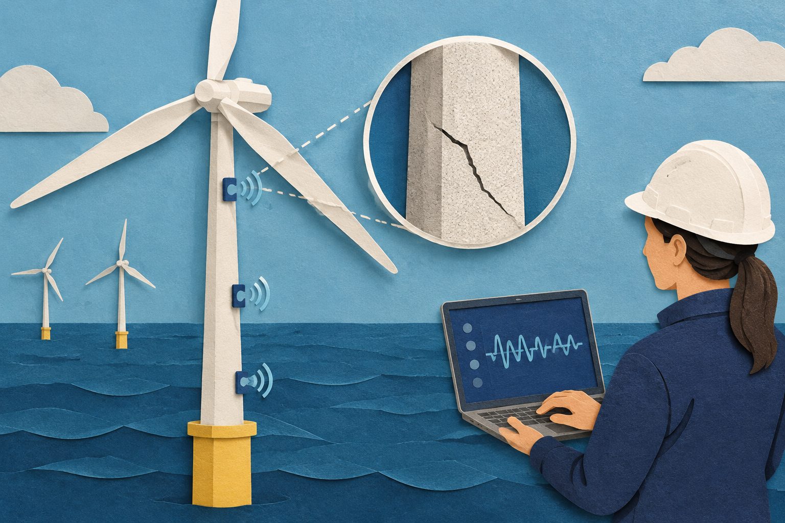 Abstract editorial illustration accompanying the article: Wind turbines’ fatigue can be tracked with far less data