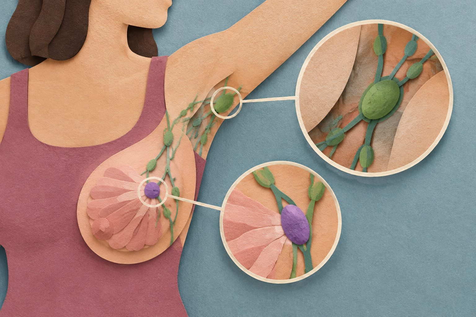 Abstract editorial illustration accompanying the article: Review links uncommon breast lymph nodes with nearby underarm node involvement