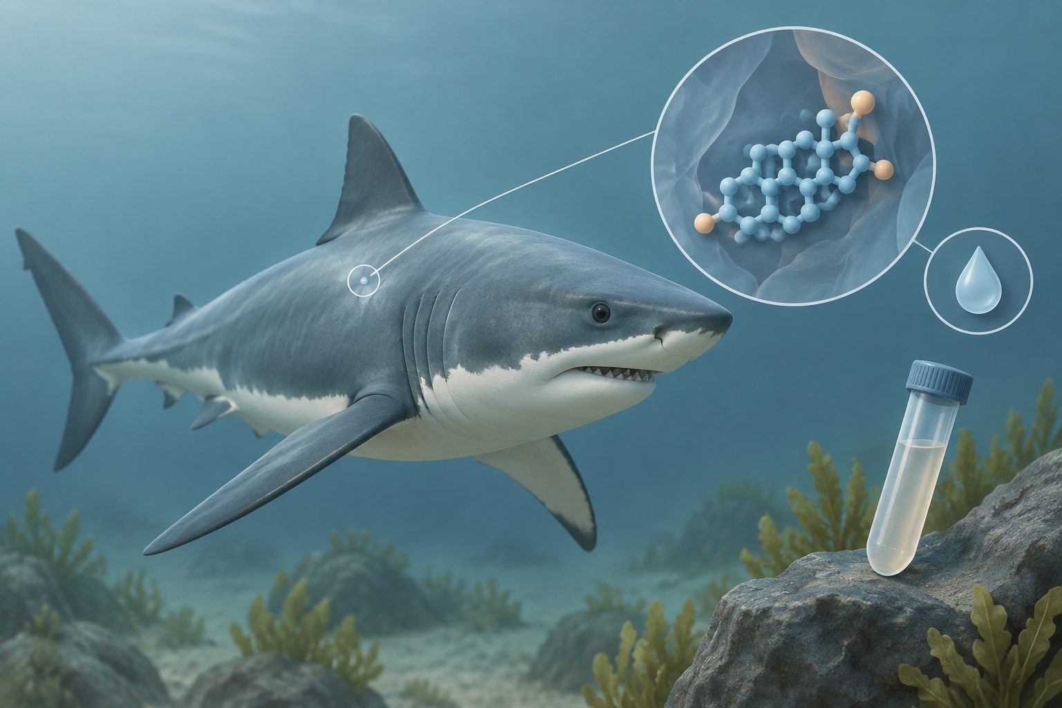 Abstract editorial illustration accompanying the article: Sharks can produce cortisol, a hormone long thought absent in them