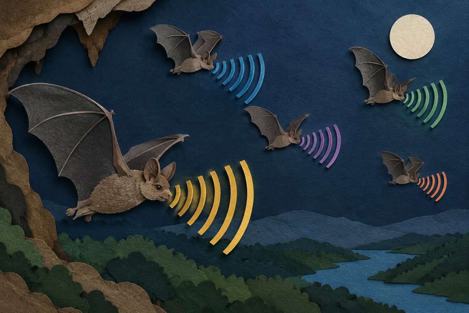 Abstract editorial illustration accompanying the article: How group-flying bats keep their echolocation calls from clashing