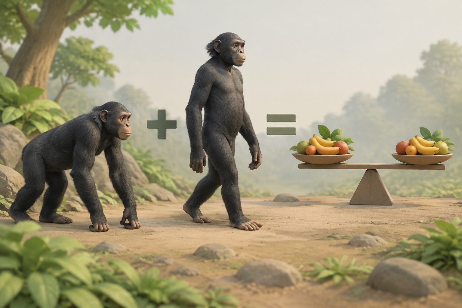 Abstract editorial illustration accompanying the article: Bonobos suggest early human ancestors could add upright walking without extra cost