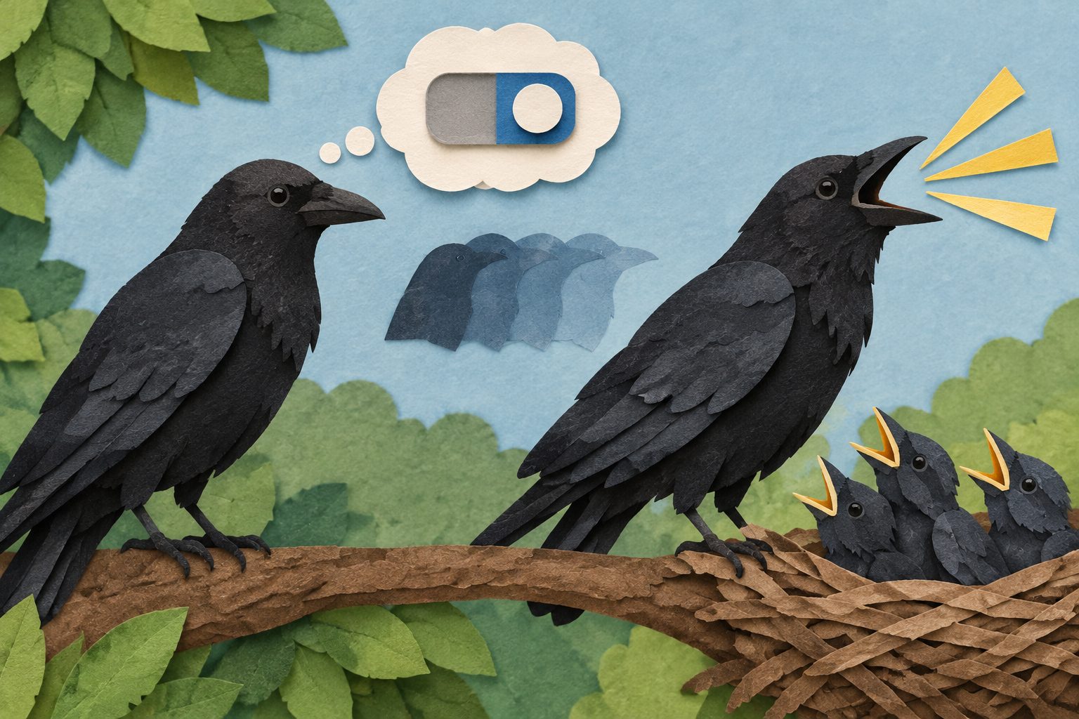 Abstract editorial illustration accompanying the article: Crows face a special switching cost when they have to start vocalizing