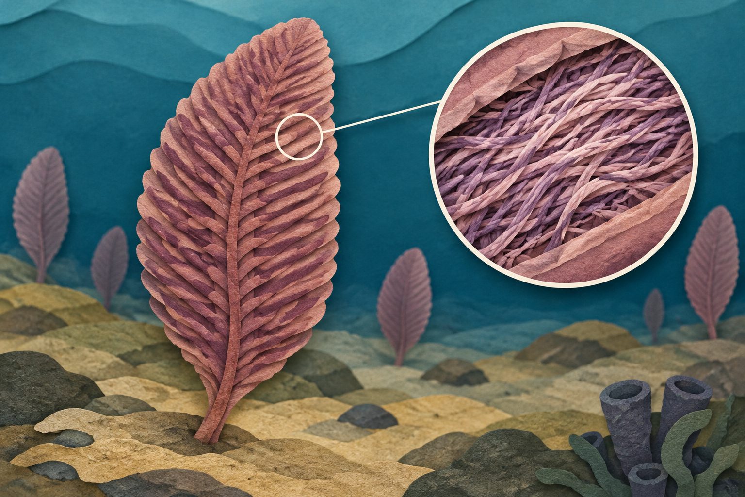 Abstract editorial illustration accompanying the article: An Ediacaran frond may have been built with dense, animal-like fibres