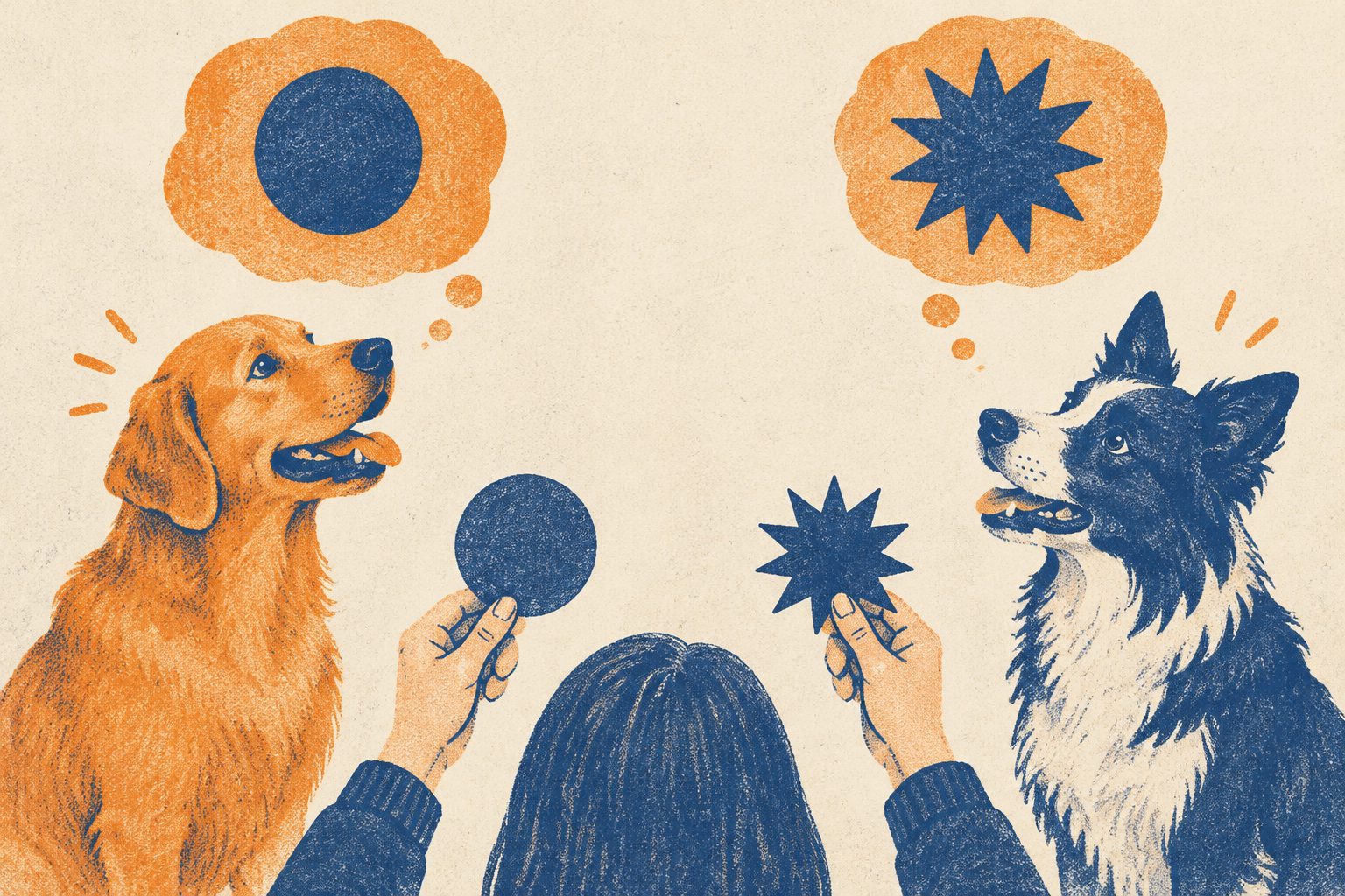 Abstract editorial illustration accompanying the article: Dogs linked “Bouba” with round shapes and “Kiki” with spiky ones