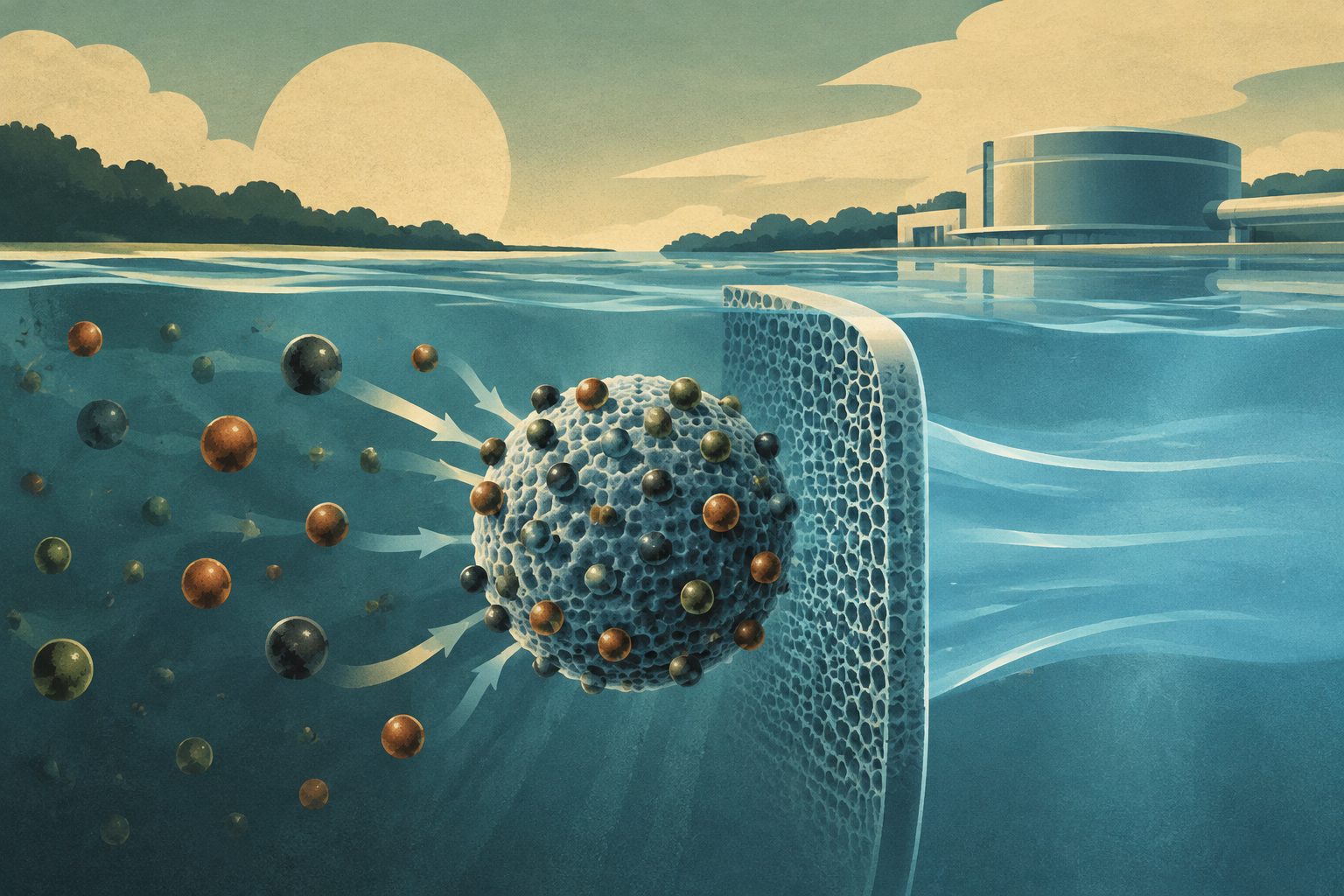 Abstract editorial illustration accompanying the article: Nanomaterials could help remove toxic metals and other pollutants from water