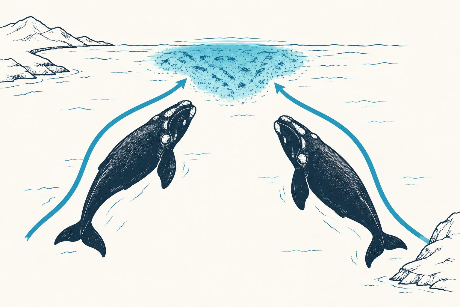 Abstract editorial illustration accompanying the article: Southern right whales take two routes to the same feeding grounds