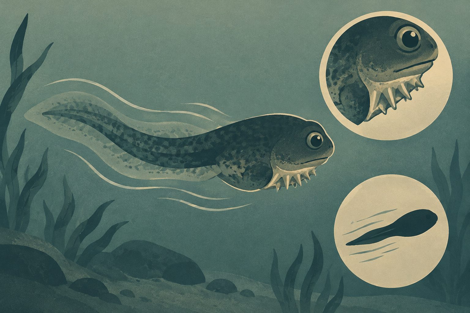 Abstract editorial illustration accompanying the article: A tadpole’s anti-swallowing body comes with a swimming cost