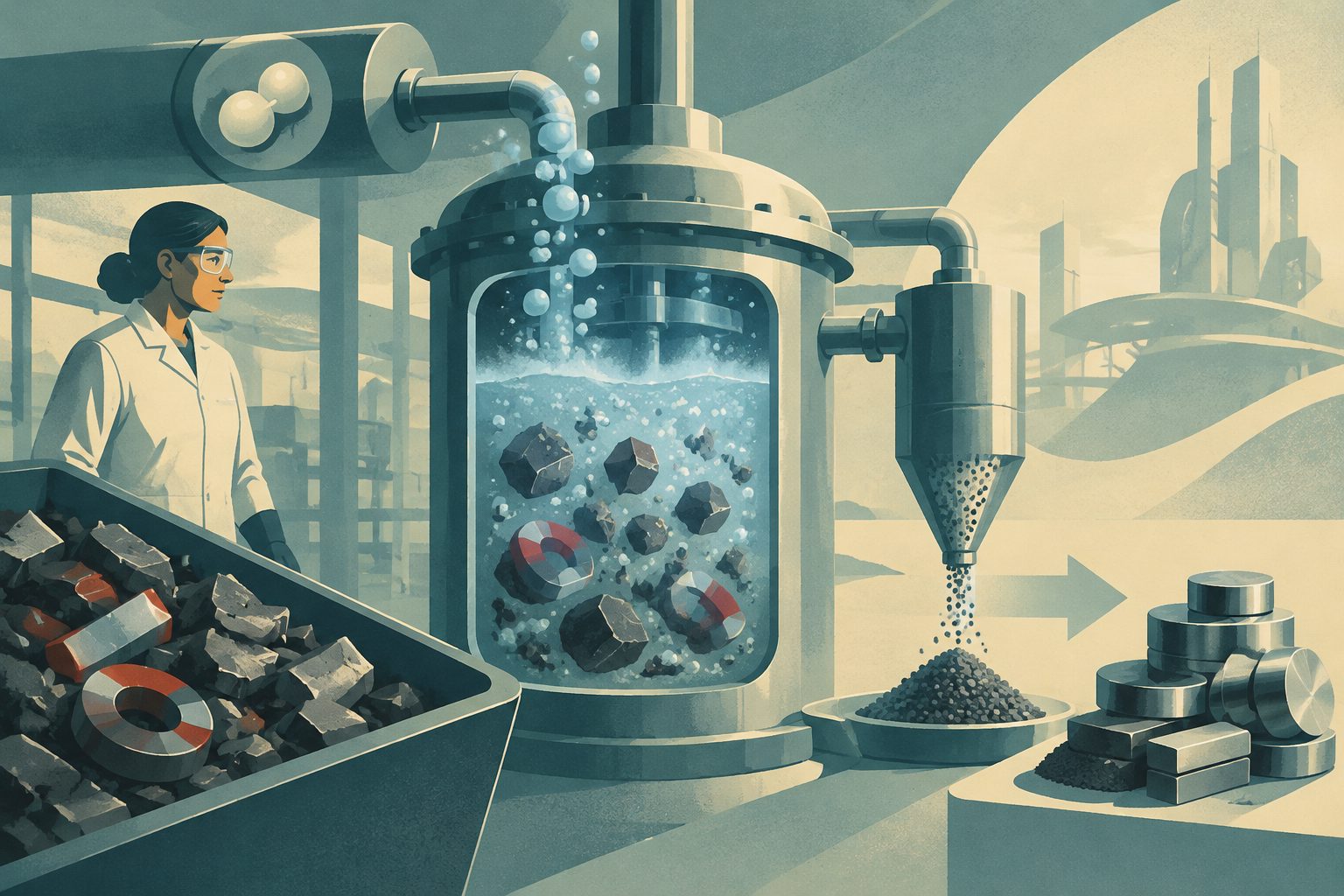 Abstract editorial illustration accompanying the article: A hydrogen process turns rare-earth magnet waste into reusable materials