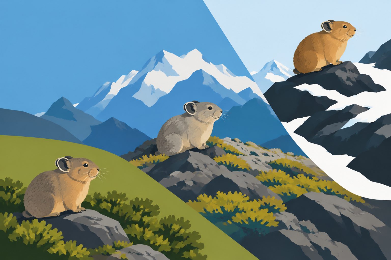 Abstract editorial illustration accompanying the article: Three Himalayan pika species divide mountain habitats at different scales