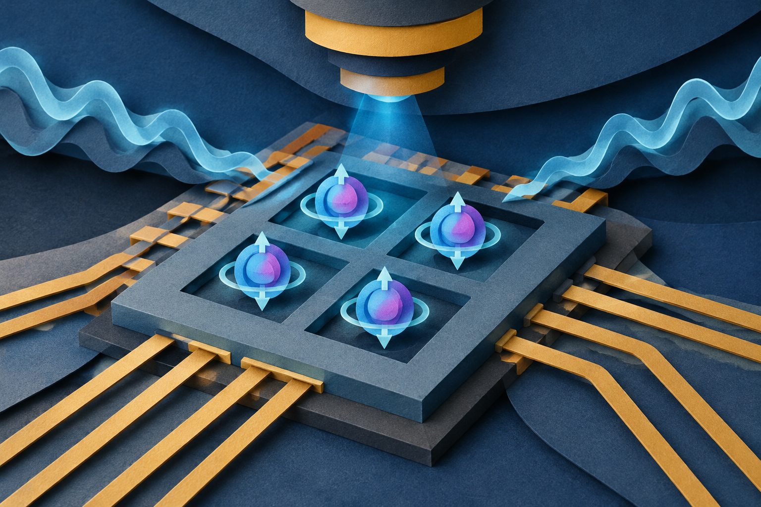Abstract editorial illustration accompanying the article: Silicon quantum bits keep precise control when run together