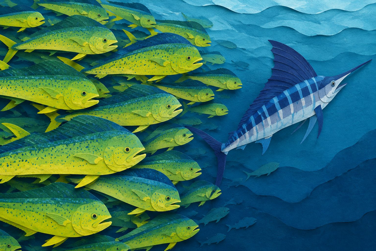 Abstract editorial illustration accompanying the article: Many mahi-mahi may make striped marlin abandon prey hunts