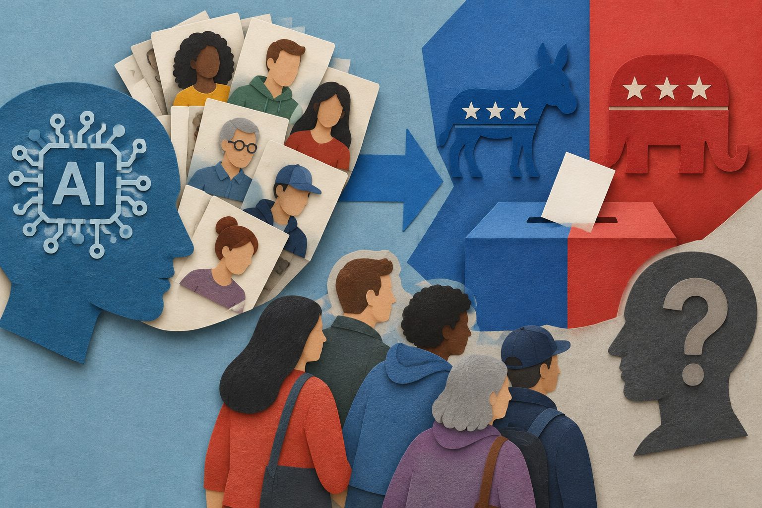 Abstract editorial illustration accompanying the article: AI voter personas shifted an election estimate toward Democrats—but accuracy is unclear