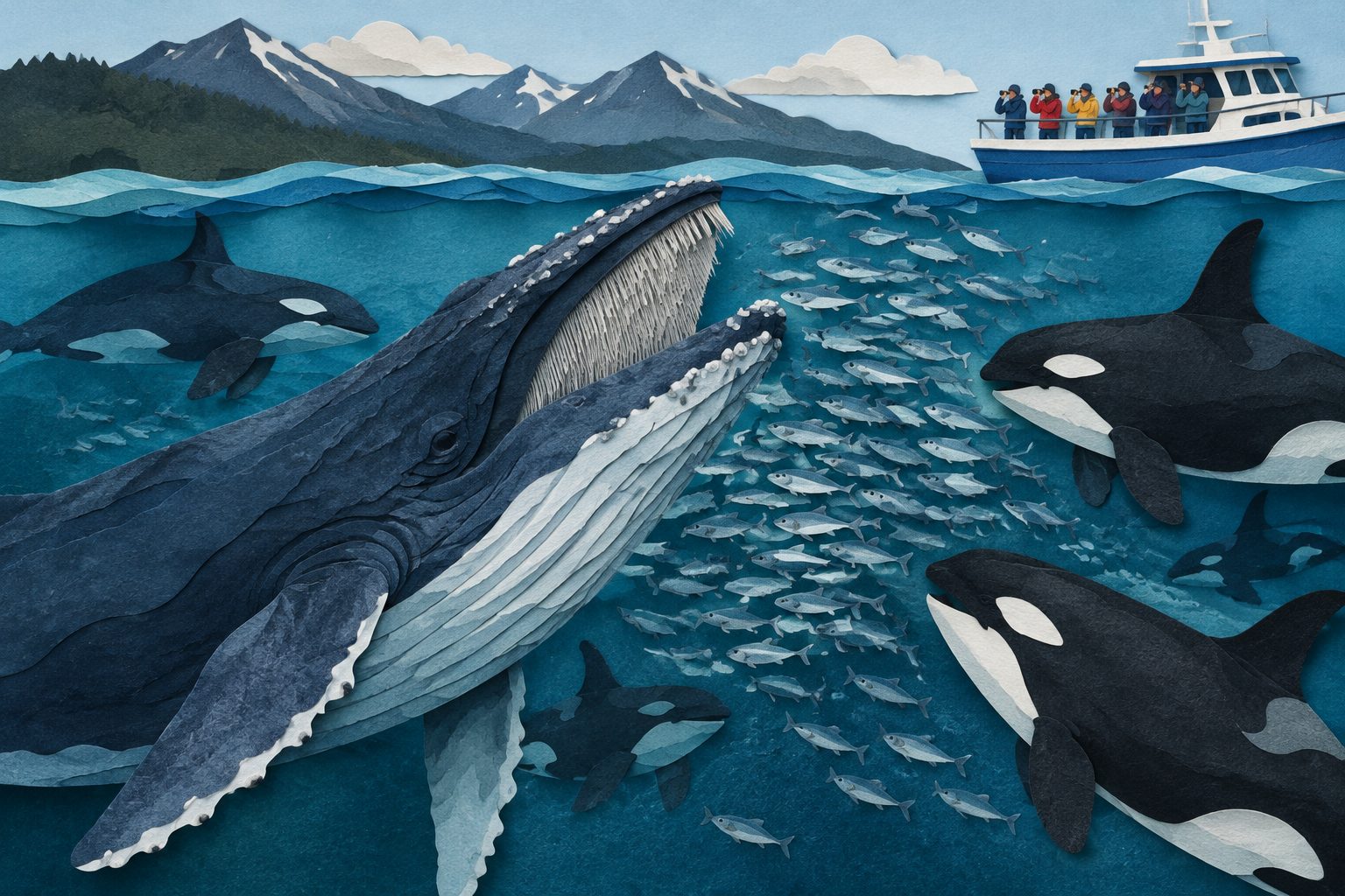 Abstract editorial illustration accompanying the article: Humpback whales exploit killer whales’ herring hunts as tourism grows