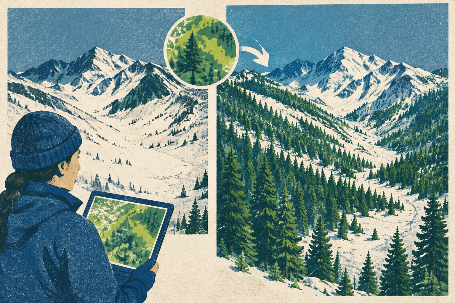 Abstract editorial illustration accompanying the article: Better vegetation data make California mountain snow simulations more realistic