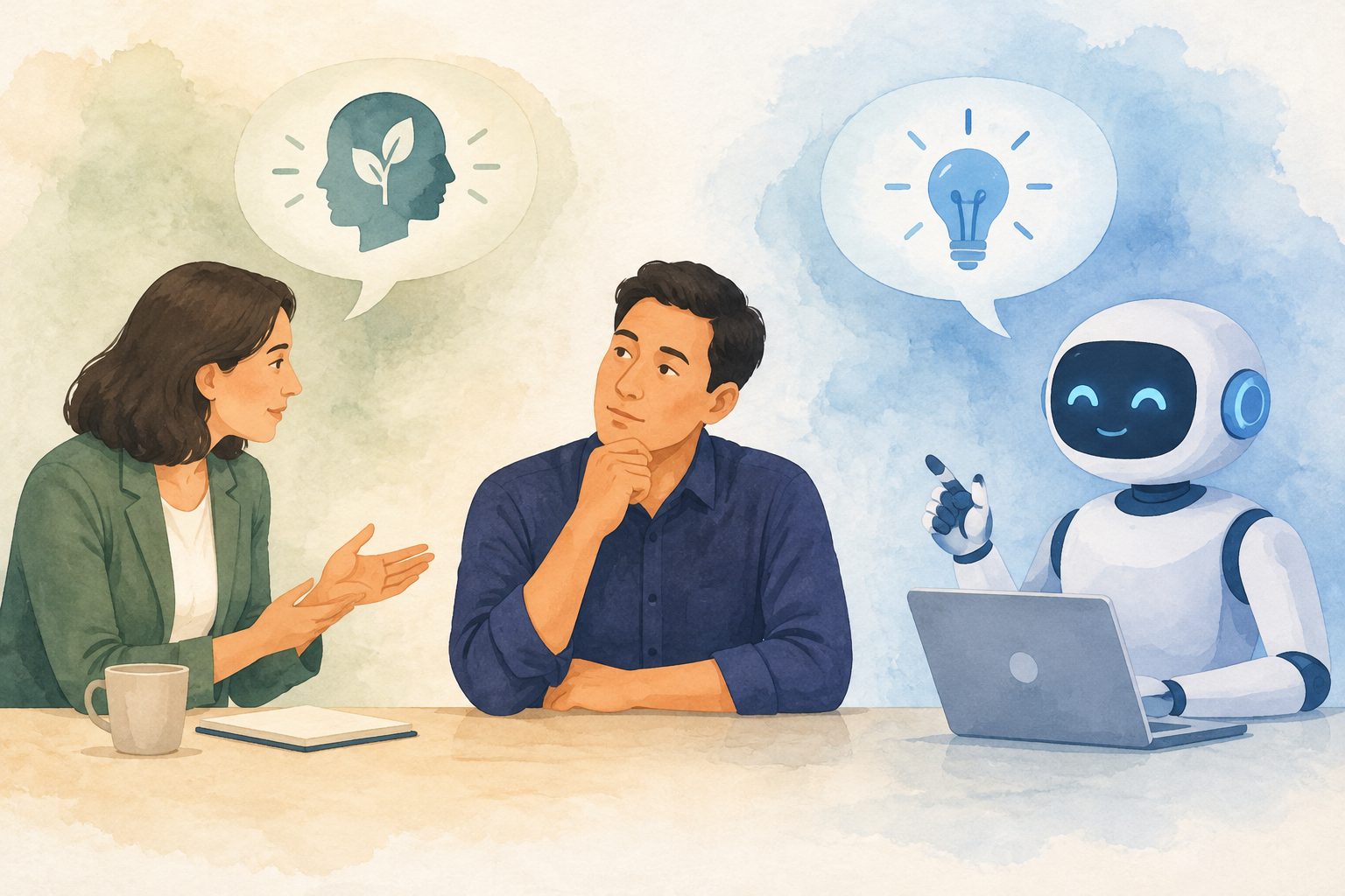Abstract editorial illustration accompanying the article: Managers accepted reflective coaching from humans but wanted answers from AI