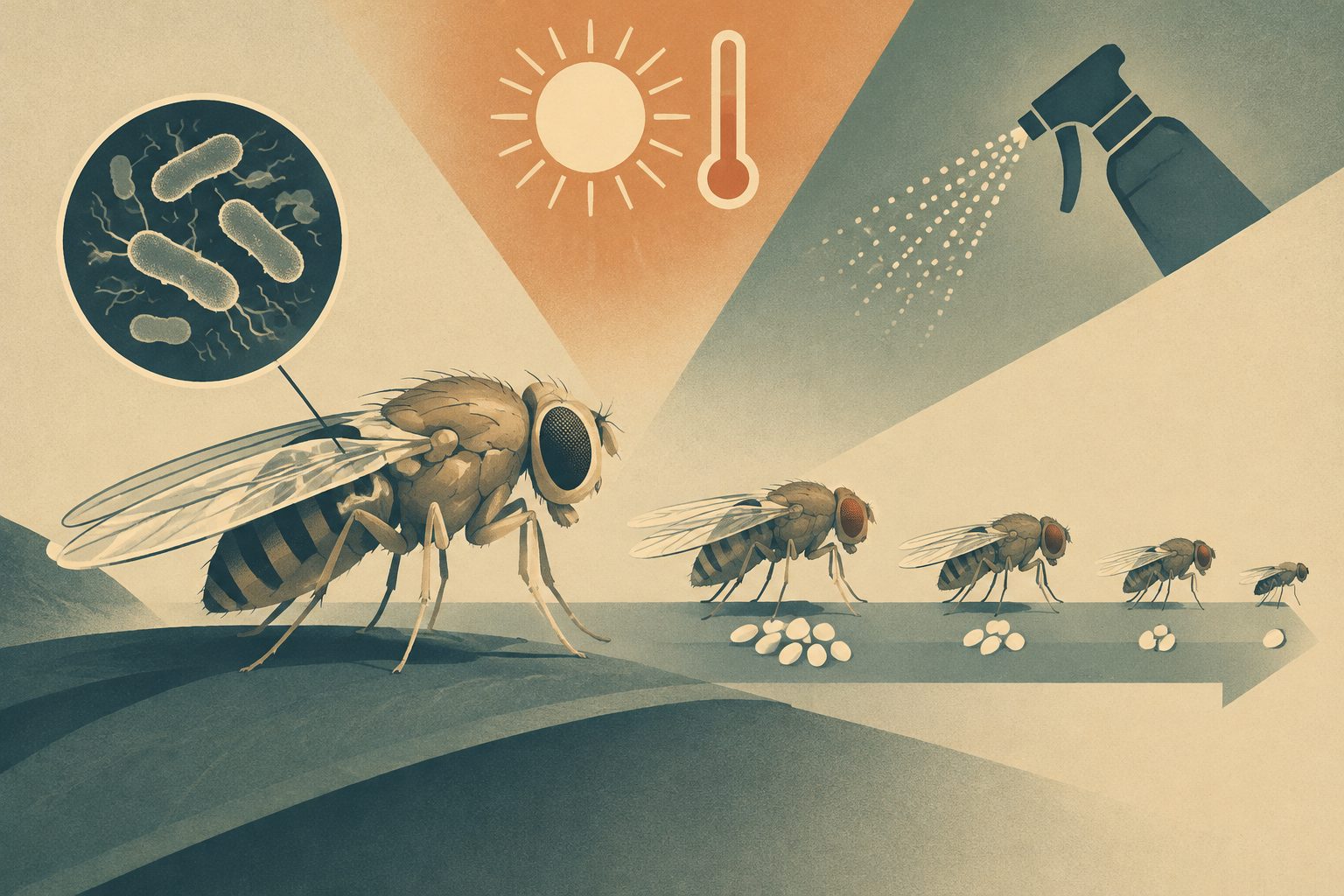 Abstract editorial illustration accompanying the article: In fruit flies, heat and pesticide stress cut fertility across generations